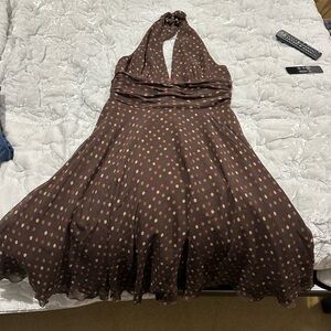 Elegant Silk Backless Brown Polka Dot Dress